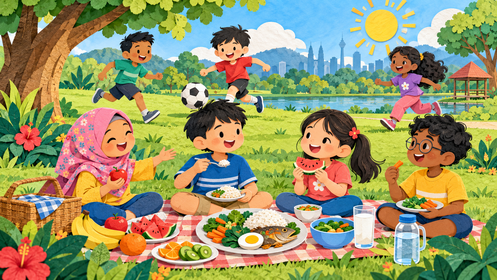 Kanak-kanak menikmati makanan berkhasiat dan bermain aktif bersama-sama